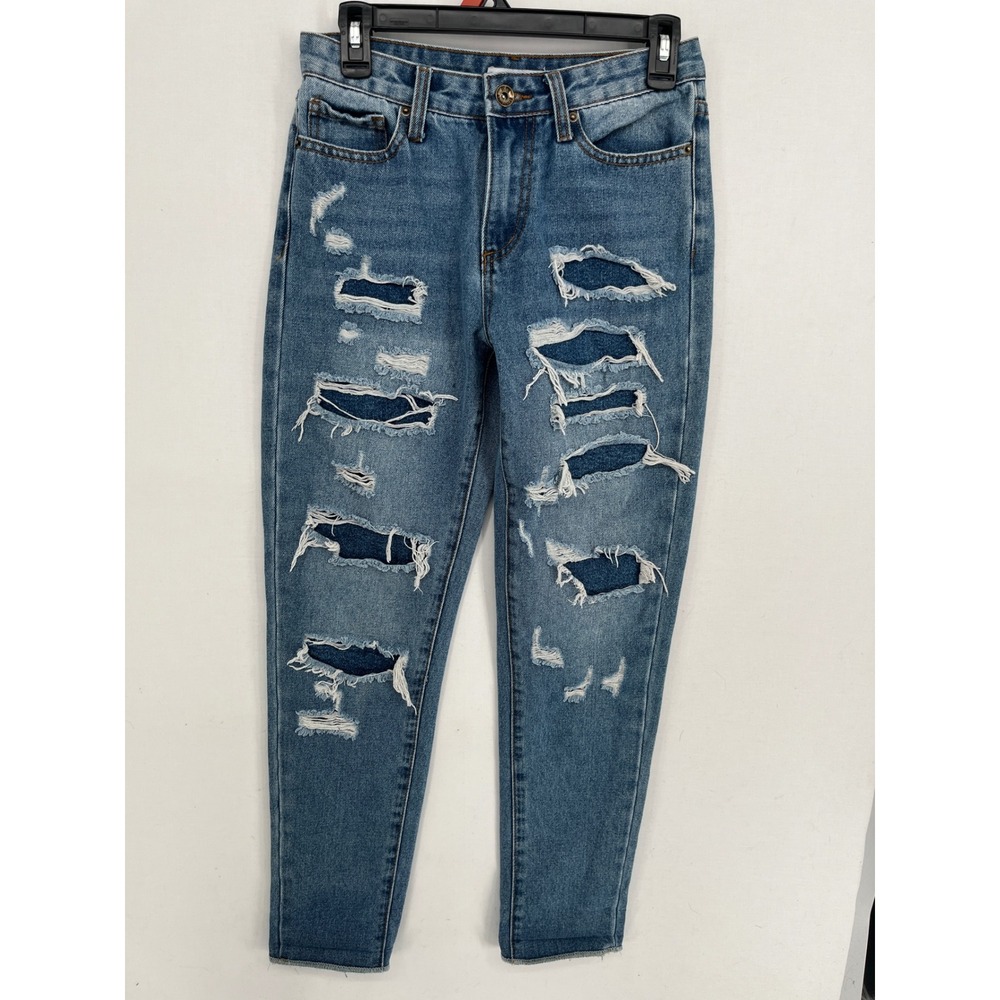 Skinny Fries Denim Rigid Boyfriend Jeans Distressed Ripped Blue Size 1